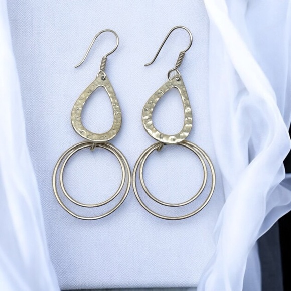 925 Sterling Silver Hammered Circle Double Dangle Earrings - Picture 13 of 13